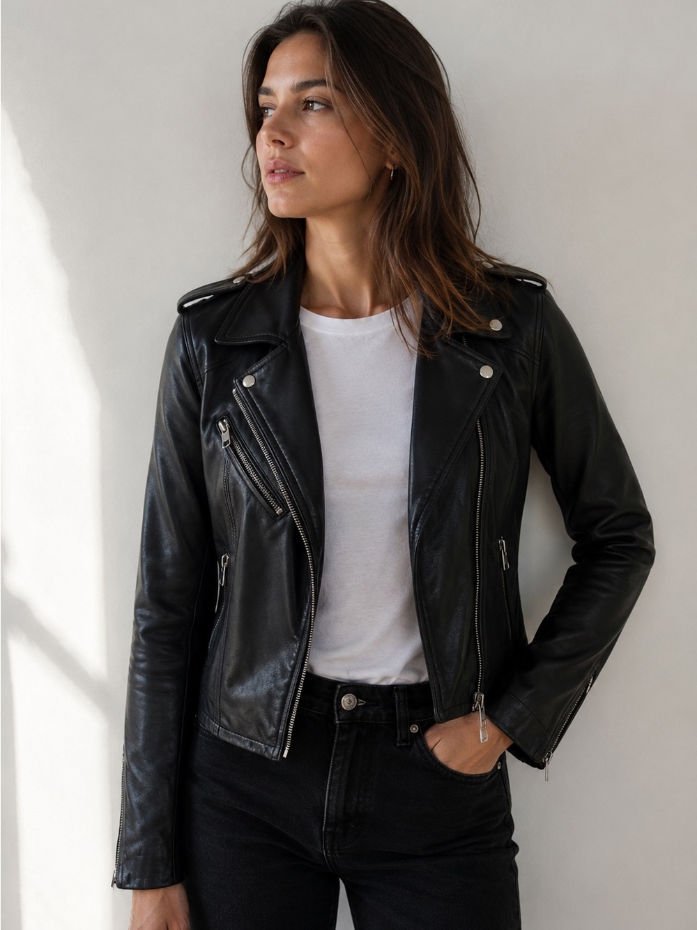 Doma Black Lamb Leather Moto Biker Jacket XS Asymmetrical Zip